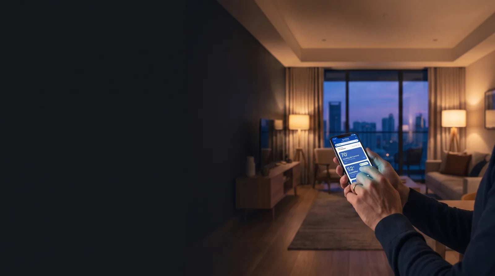 Homeowner adjusting home humidity from a smartphone at dusk