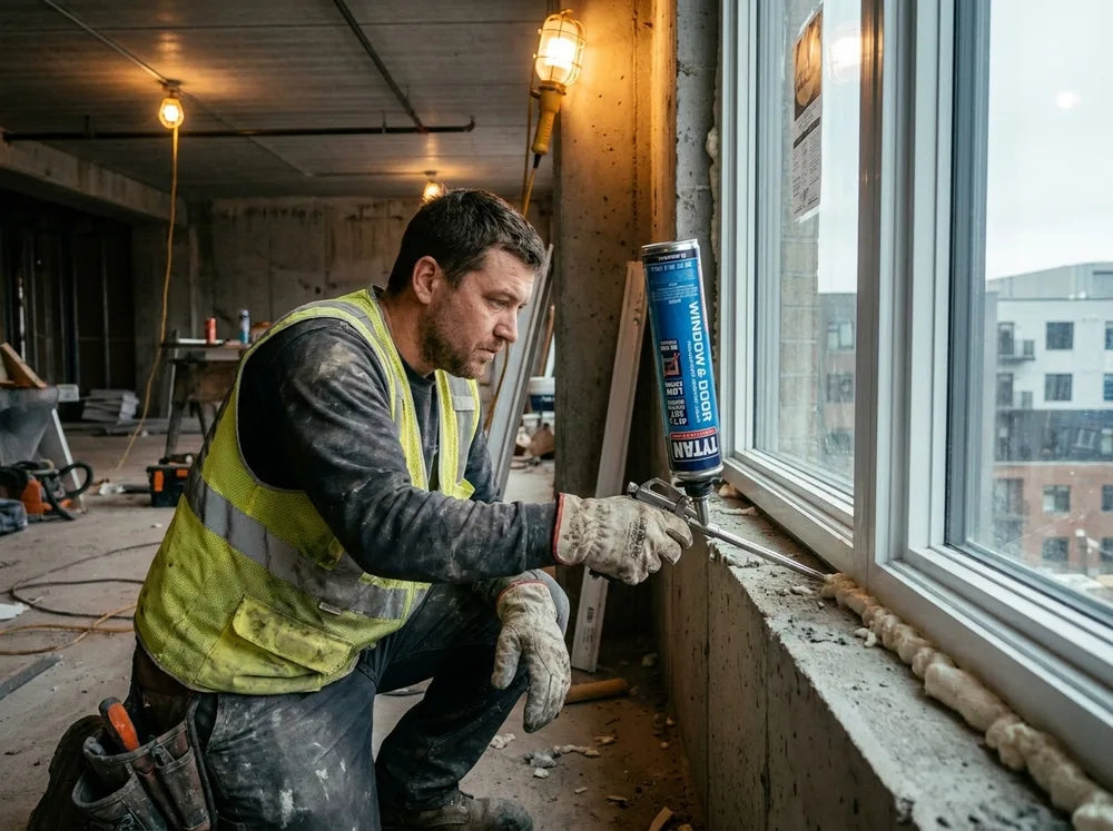 Professional installer sealing a commercial window with Tytan low expansion foam