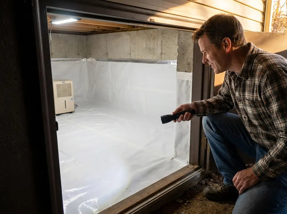 Homeowner inspecting a clean encapsulated crawl space protected by a vapor barrier