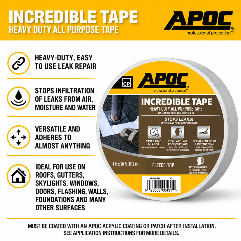 APOC Incredible Tape fleece-top roof repair tape roll 4 inch x 50 ft