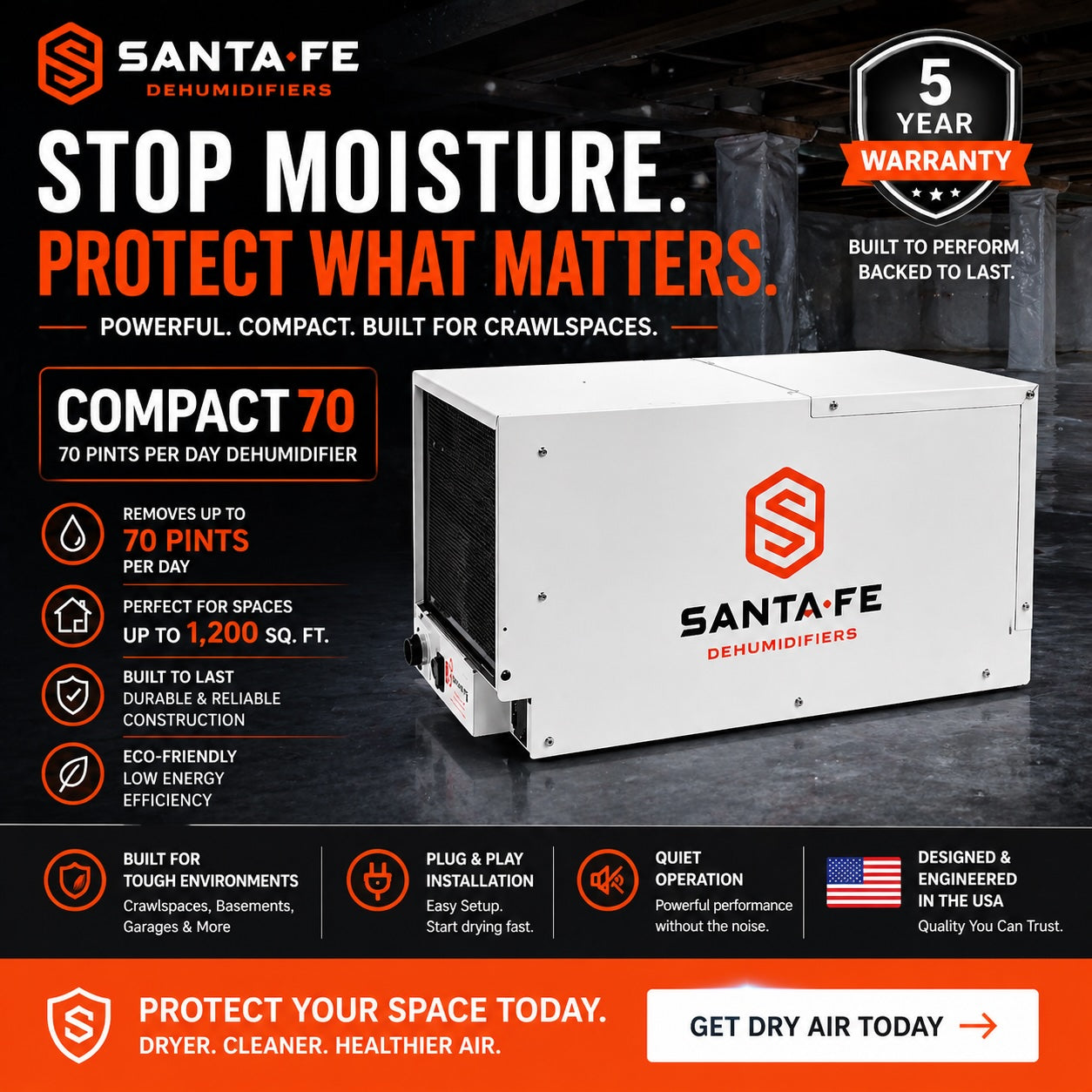 Santa Fe Compact 70 Dehumidifier – 70 Pint