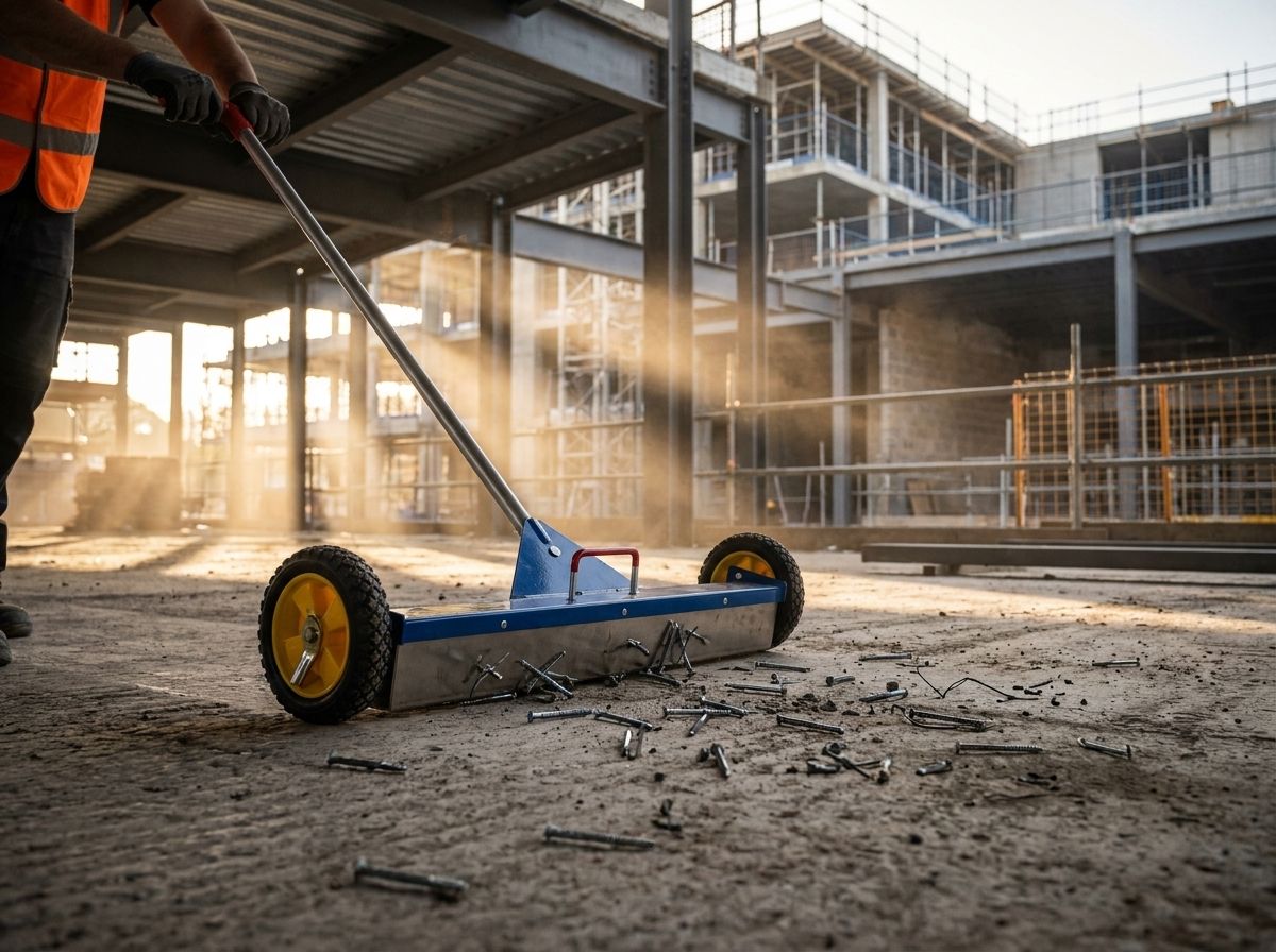 Magnetic sweeper clearing screws from a construction site slab
