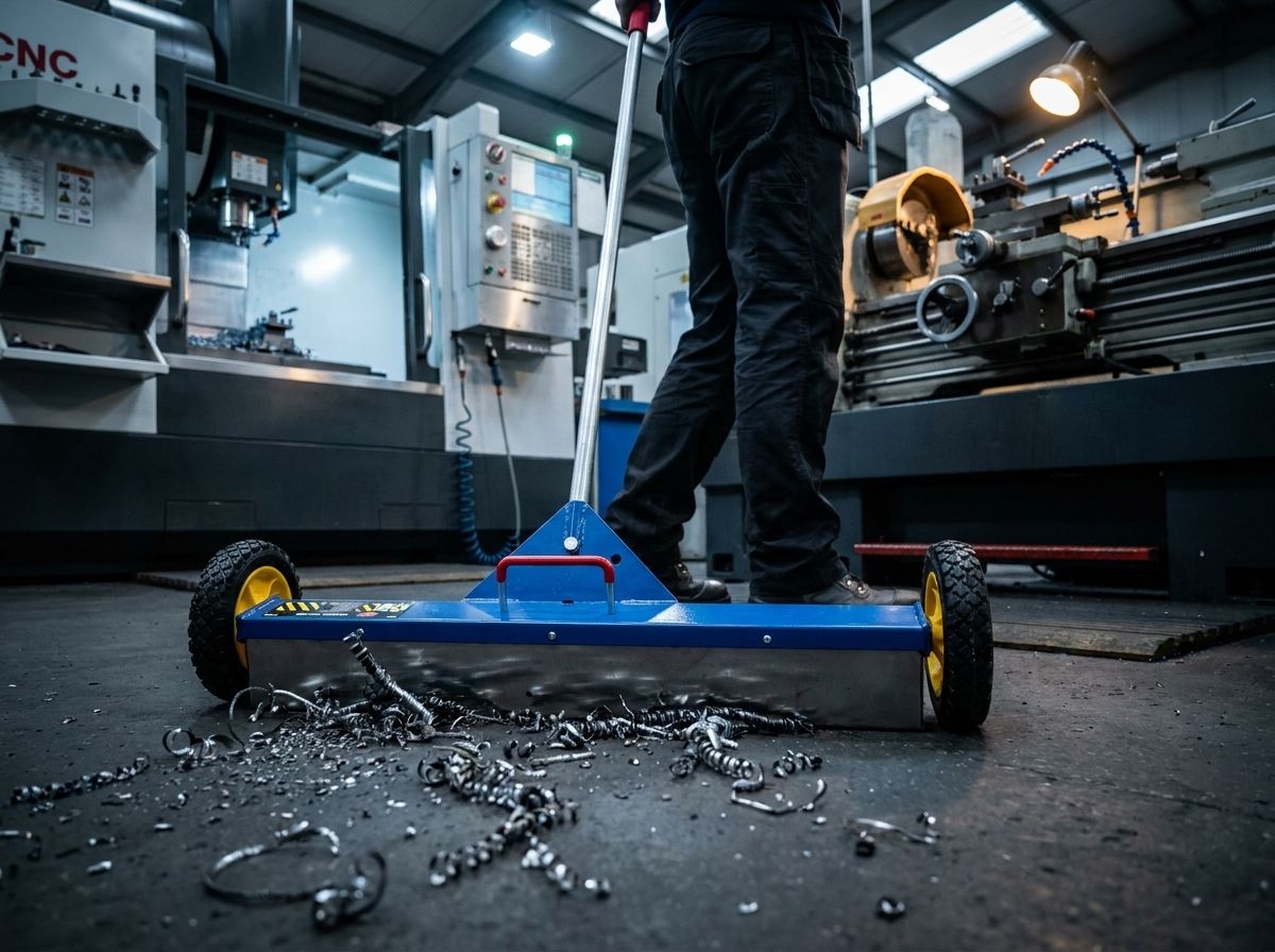 Magnetic sweeper collecting steel shavings in a machine shop