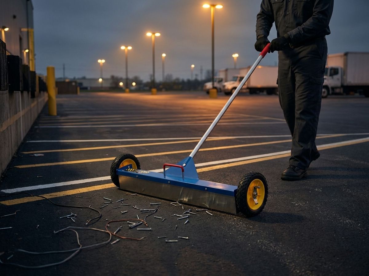 Magnetic sweeper clearing a commercial parking lot at dusk