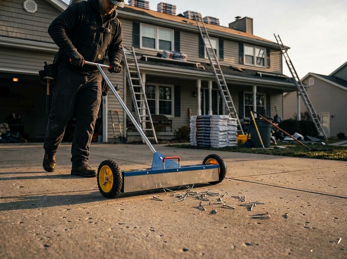 Roofing contractor sweeping a driveway for nails below a re-shingled house