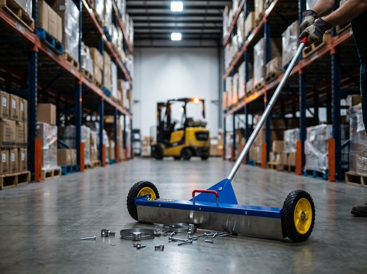 Magnetic sweeper in a warehouse aisle between pallet racking