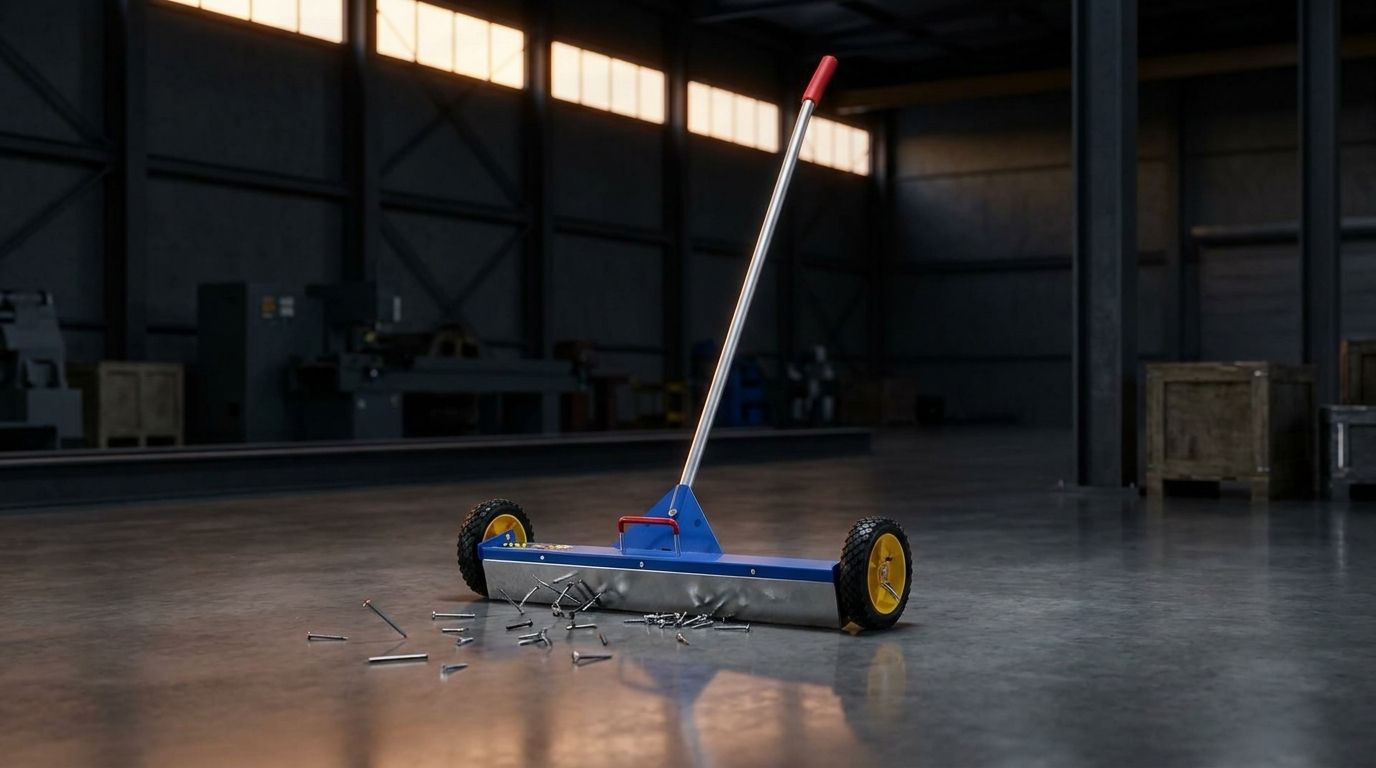 AJC 30 inch rolling magnetic sweeper collecting nails on a warehouse floor