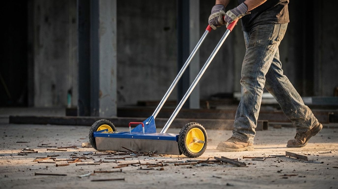 Contractor pushing the rolling magnetic sweeper across a jobsite