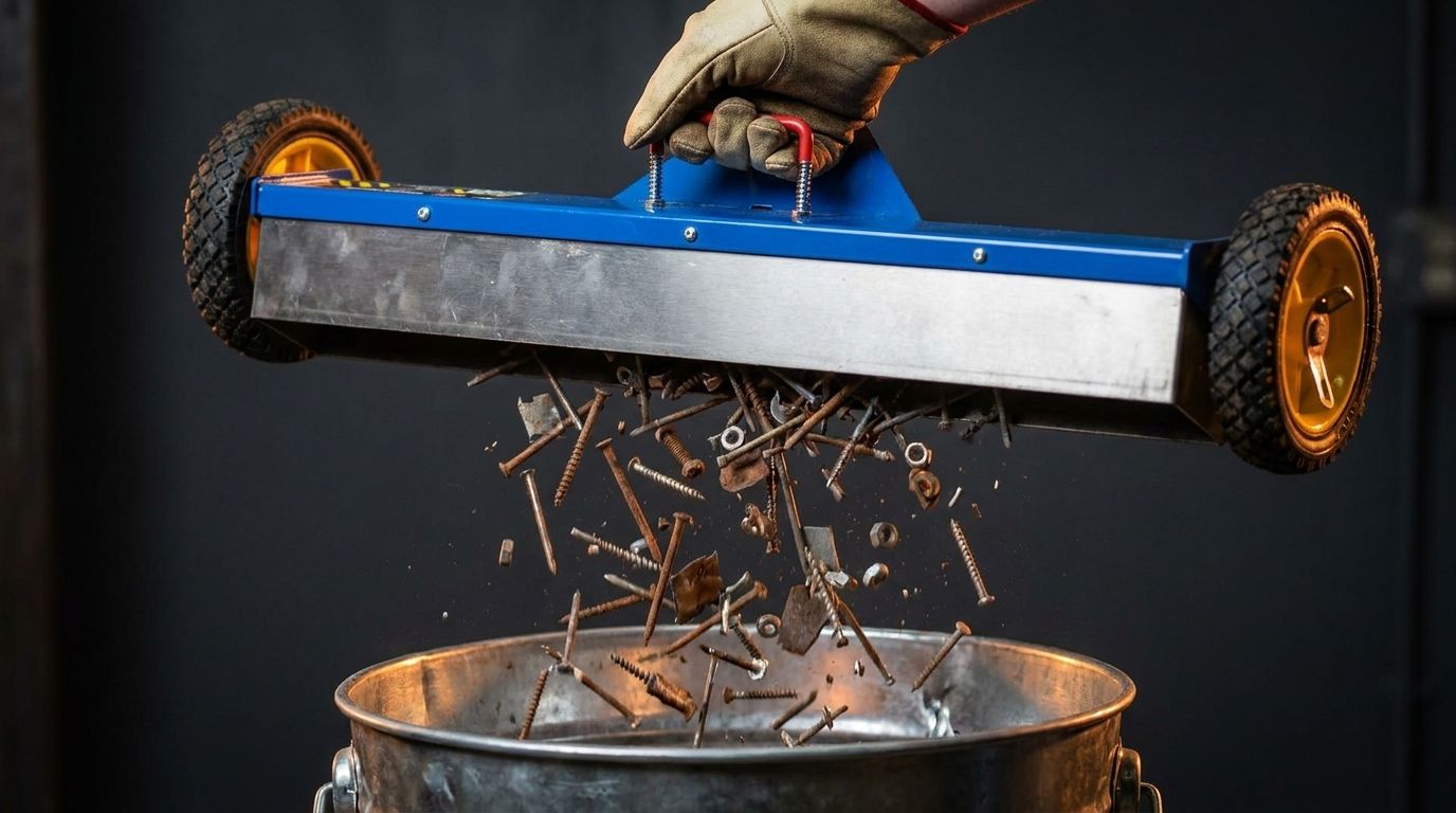 Quick-release handle dumping collected debris into a bucket