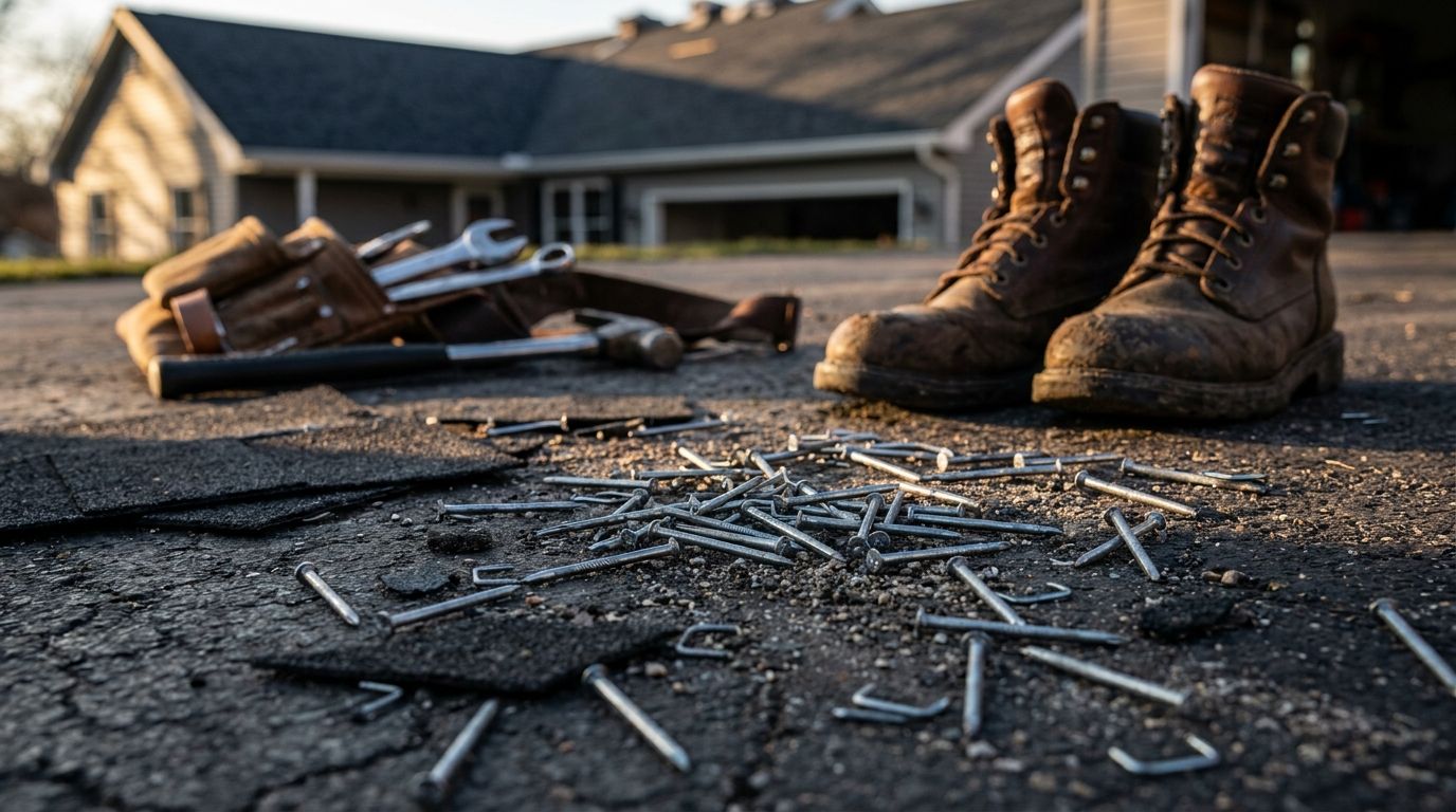 Roofing nails scattered on a driveway after a roofing job