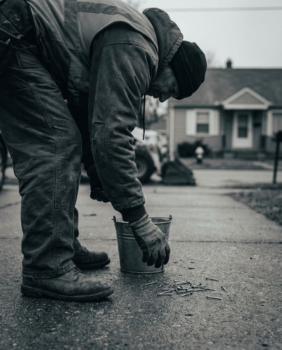 Worker bent over picking up nails by hand