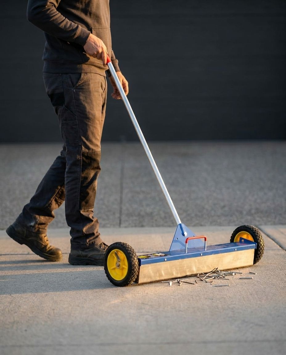 Contractor walking upright pushing the AJC magnetic sweeper