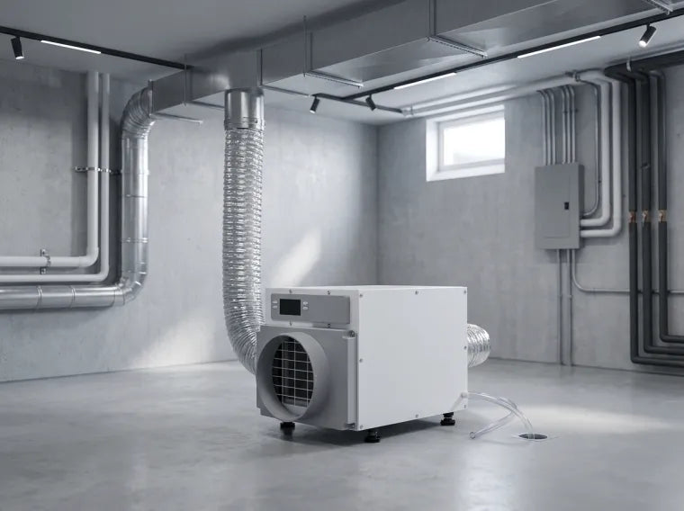 Utility basement with a dehumidifier and ductwork