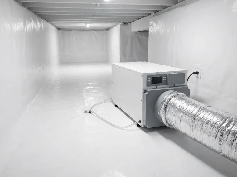 Encapsulated crawl space with a dehumidifier running