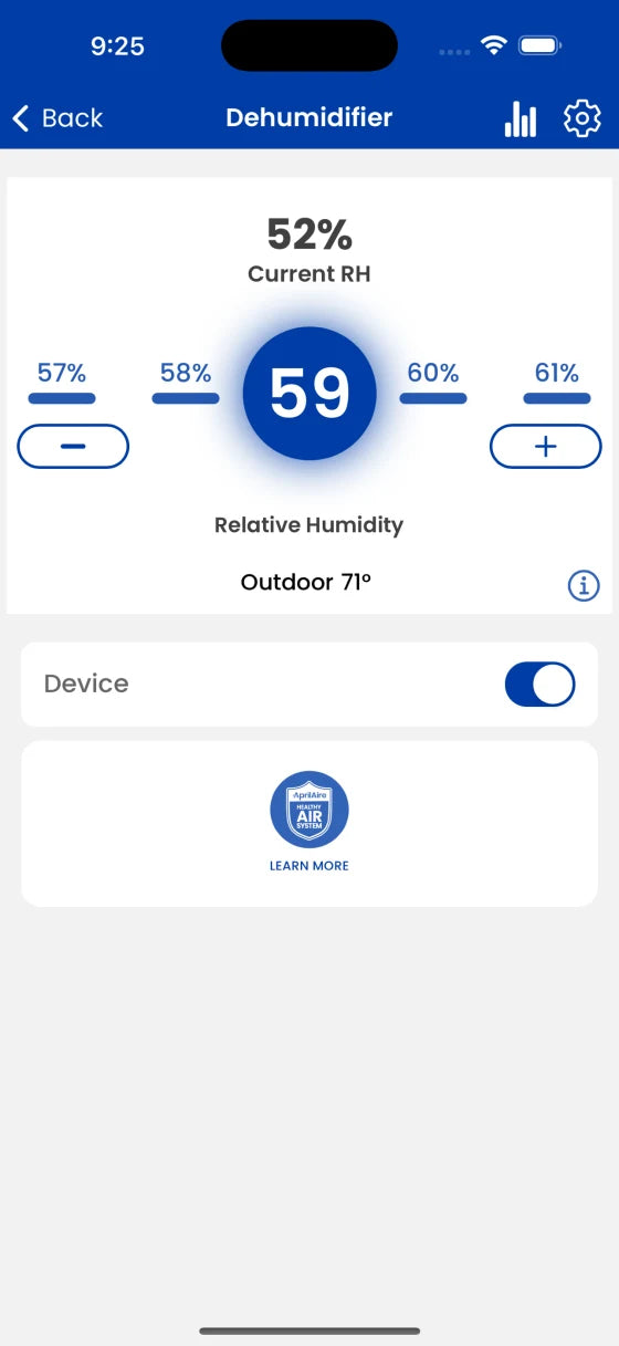 AprilAire Healthy Air app dehumidifier control screen showing relative humidity and setpoint