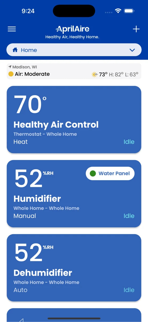 AprilAire Healthy Air app home dashboard showing the dehumidifier alongside other AprilAire devices
