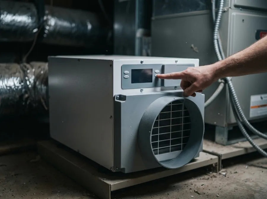 Hand switching off the power on a dehumidifier