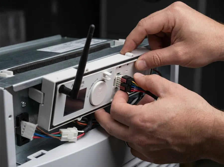Hands connecting the new Wi-Fi panel to the dehumidifier wiring harness