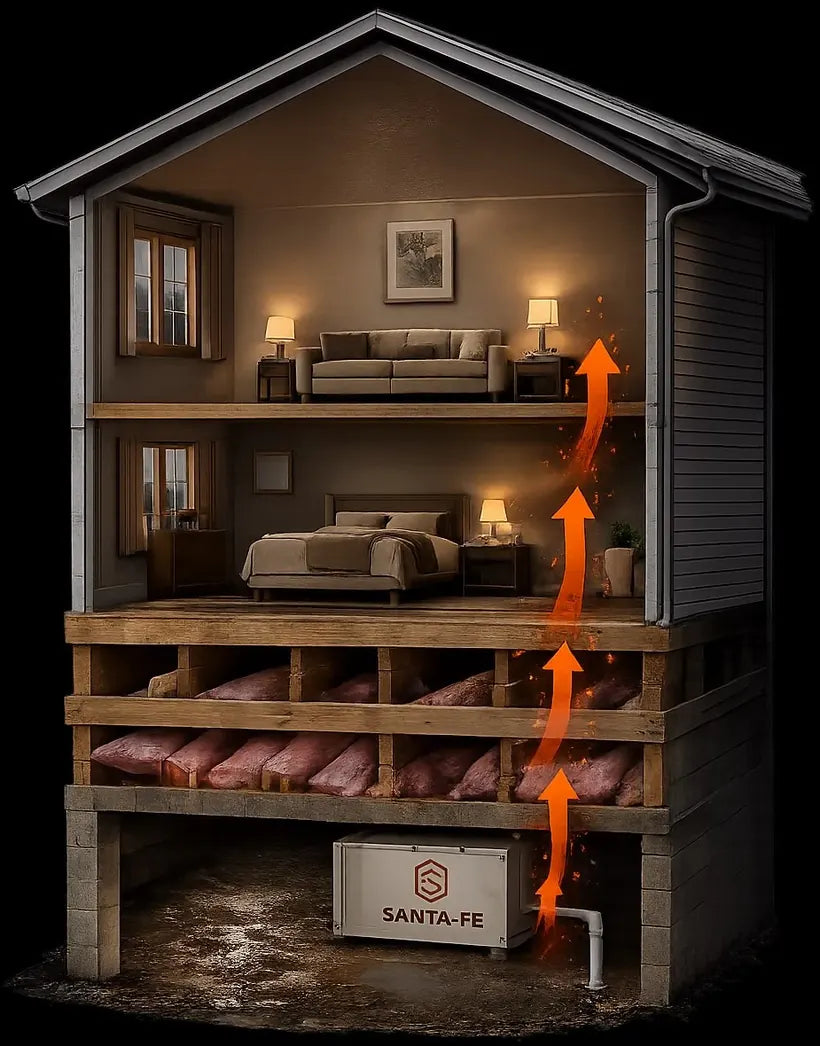 Cutaway of a home showing crawl space moisture rising through the floors into the living space