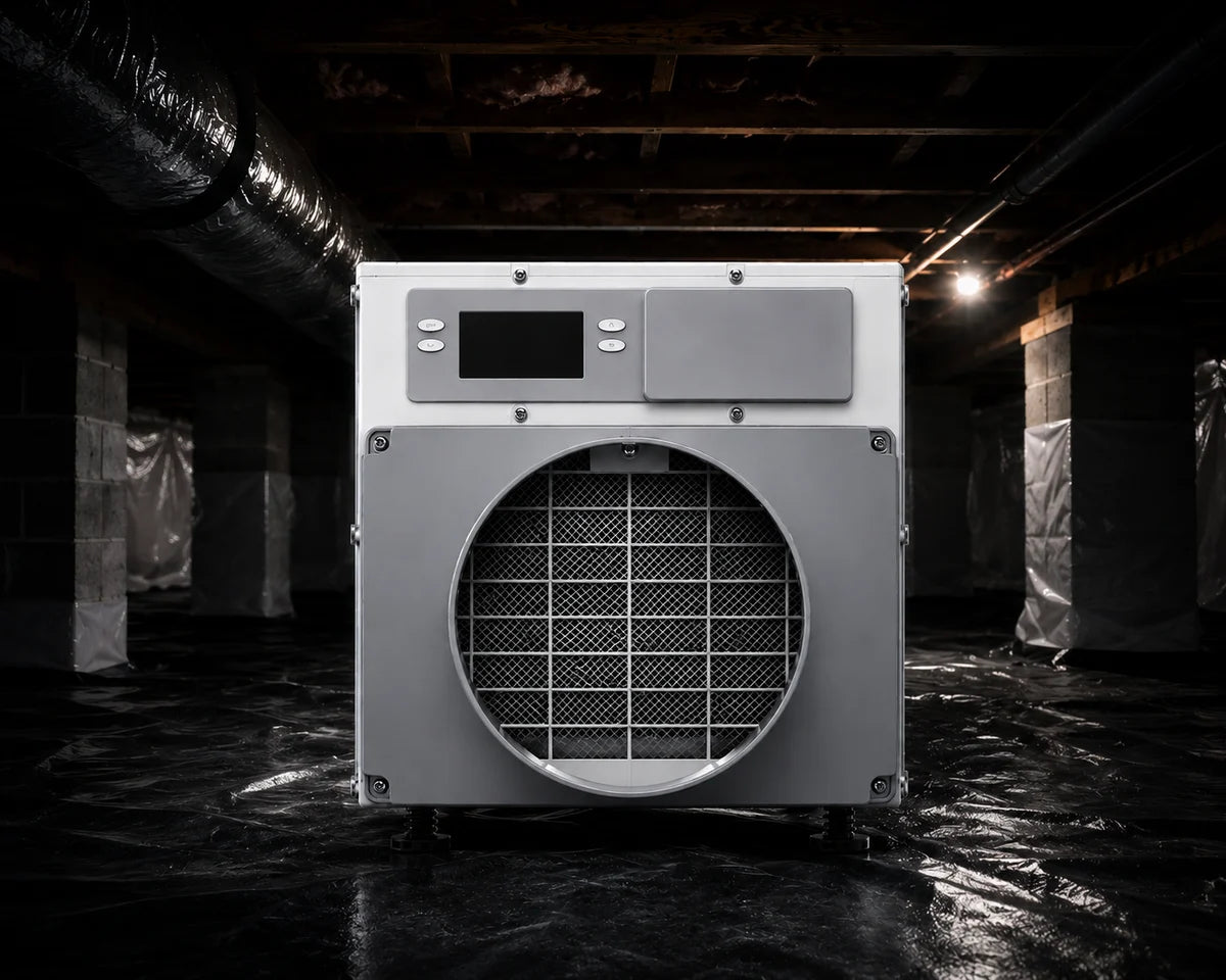 AprilAire E070 dehumidifier installed in a crawl space
