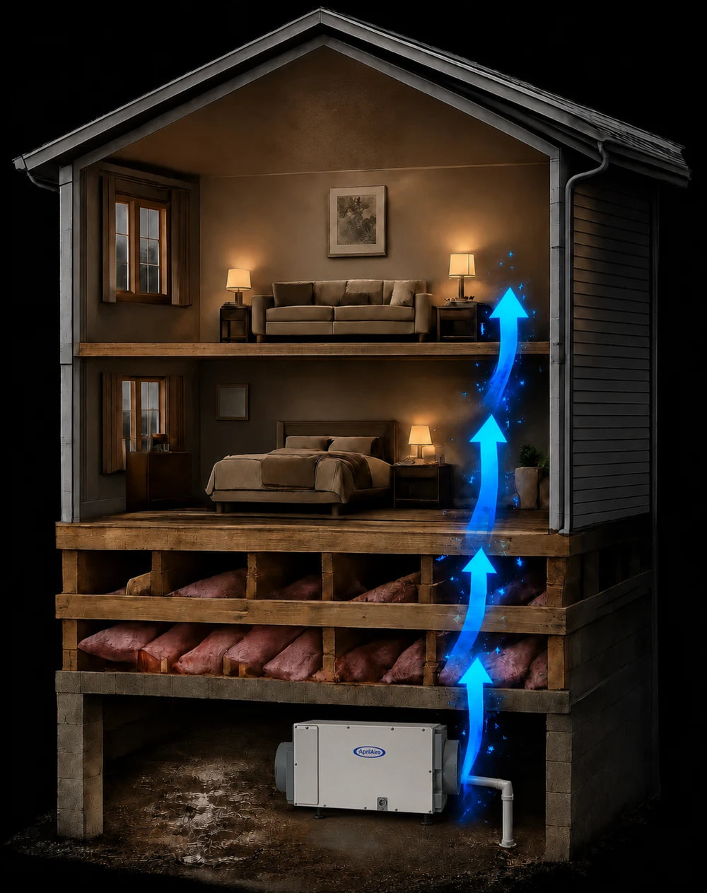 Cutaway of a home showing crawl space moisture rising through the floors into the living space