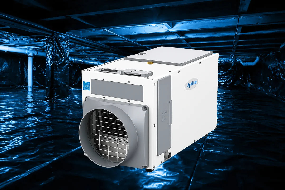 AprilAire E100 dehumidifier installed in a crawl space
