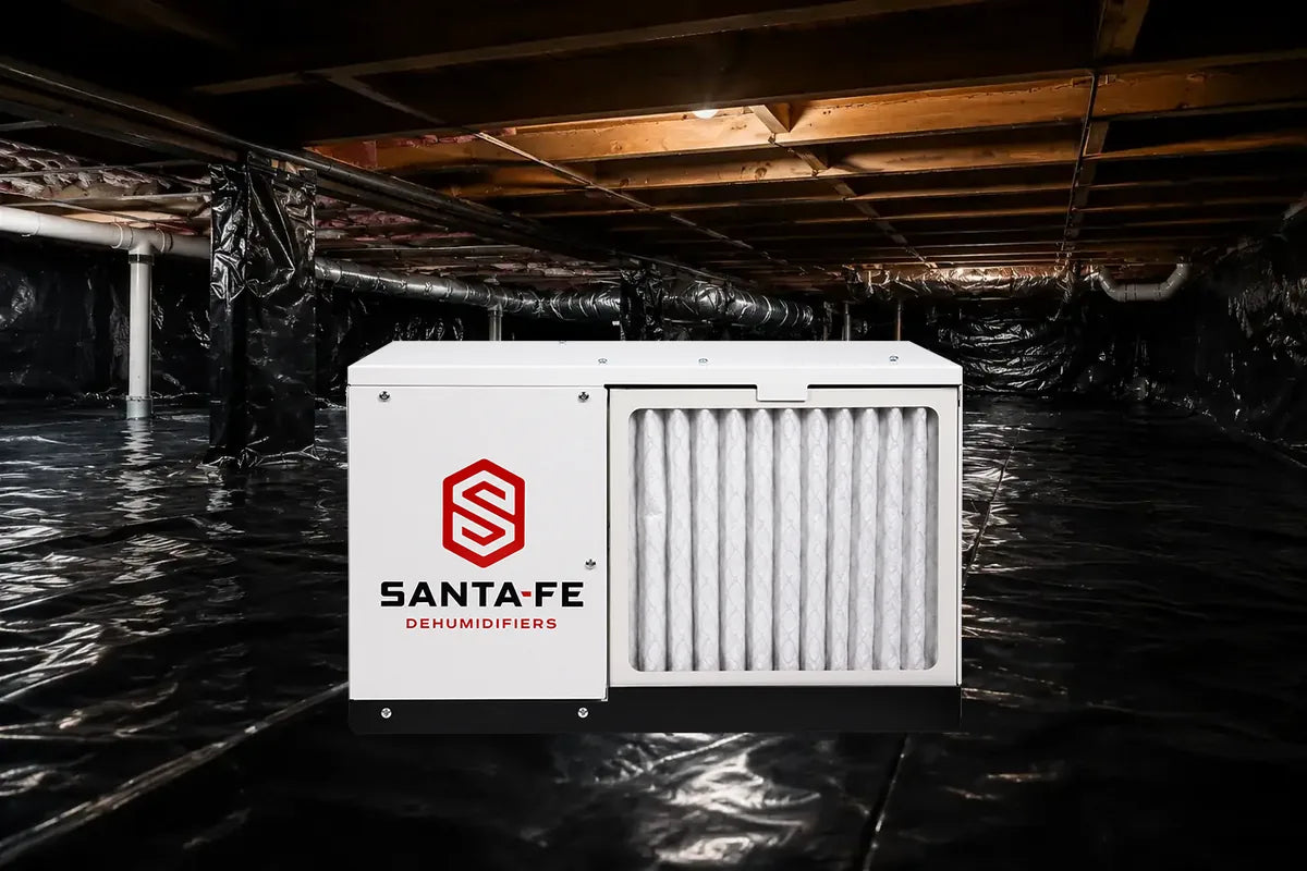 Santa Fe Oasis105 high-capacity crawl space and basement dehumidifier installed in a crawl space