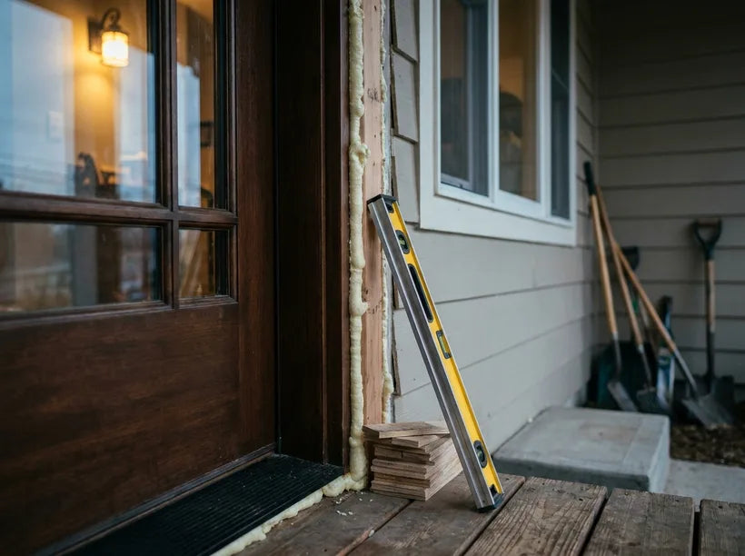 Door installation foam sealing an entry door jamb