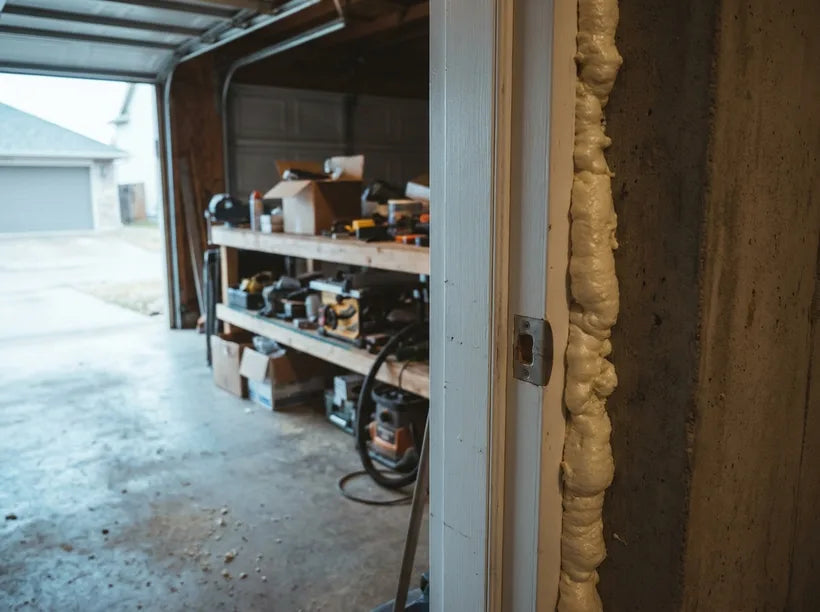 Garage door frame gap sealed with low expansion foam
