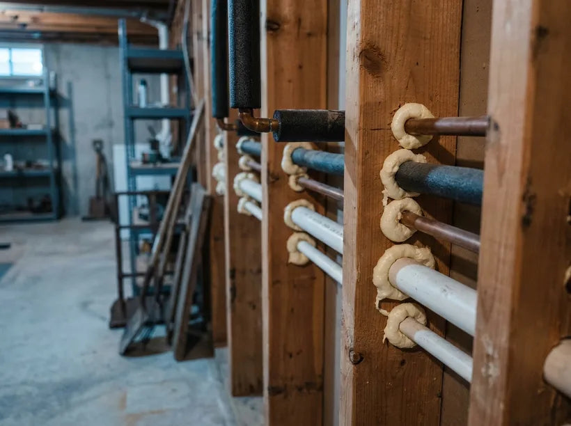 Pipe penetrations through a framed wall sealed with foam