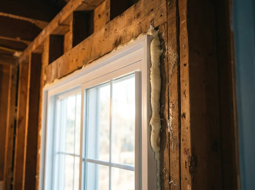 Window installation foam sealing a new vinyl window frame