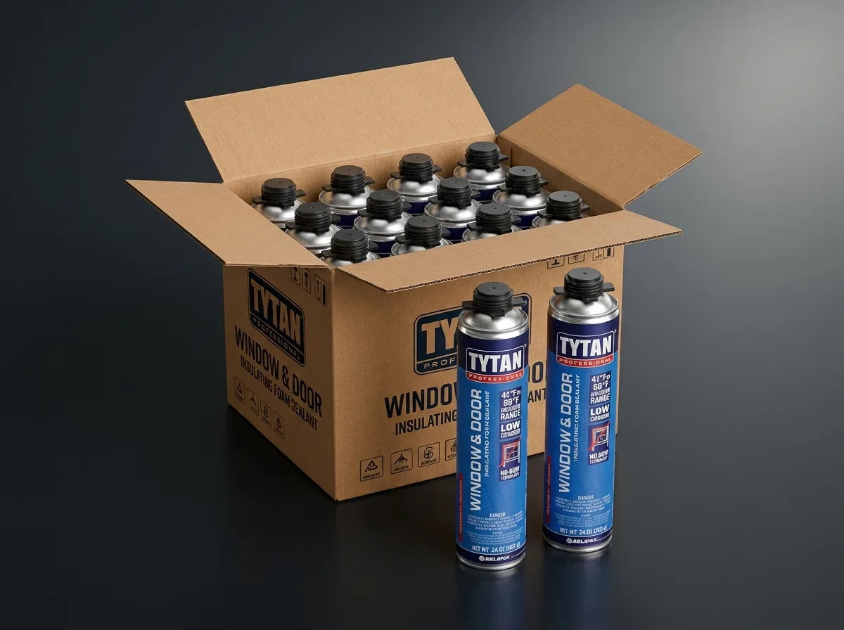 Open Tytan contractor case showing twelve 24 oz window and door foam cans