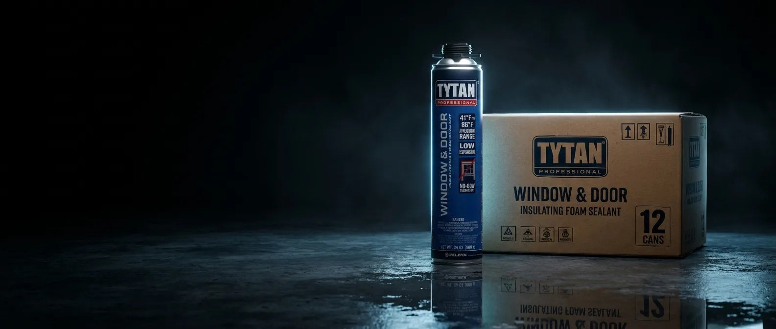 Tytan Window & Door foam can and contractor case in dramatic studio lighting