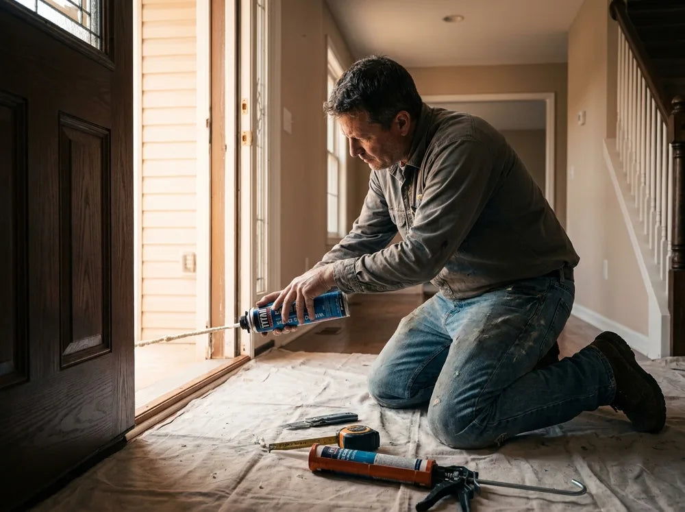 Homeowner sealing a new entry door frame with Tytan window and door foam