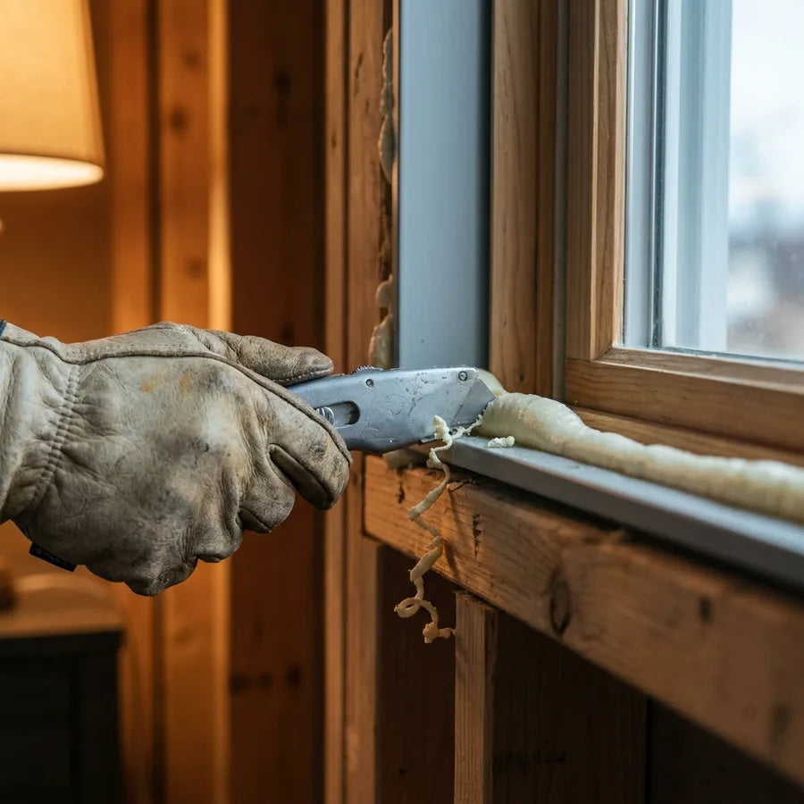 Trimming cured foam flush along a window frame with a utility knife