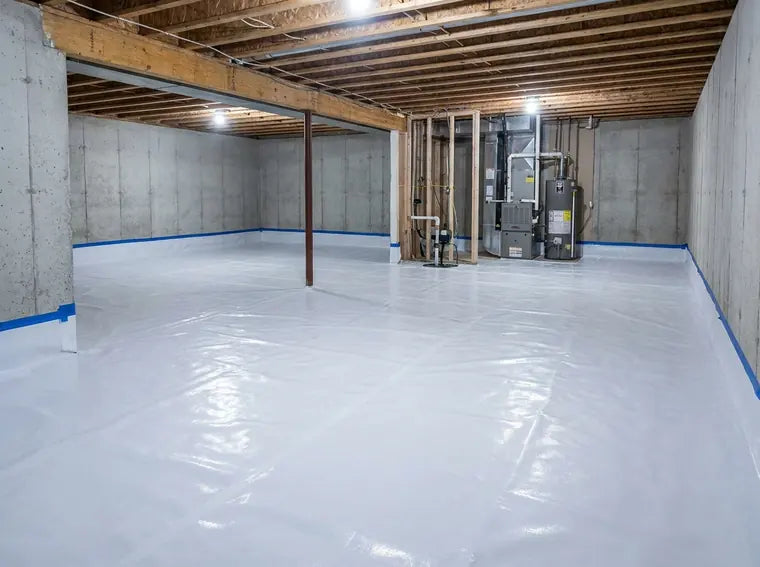 Unfinished basement with vapor barrier on floor and walls