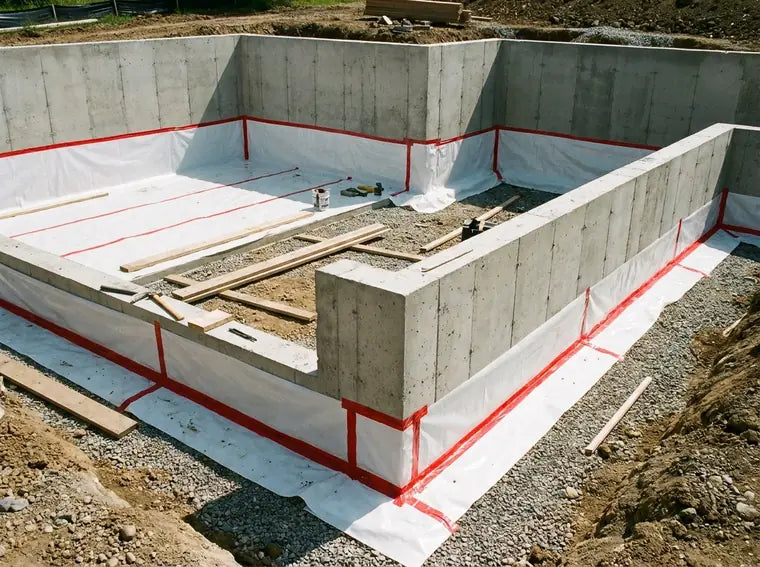Poured concrete foundation with vapor barrier moisture protection