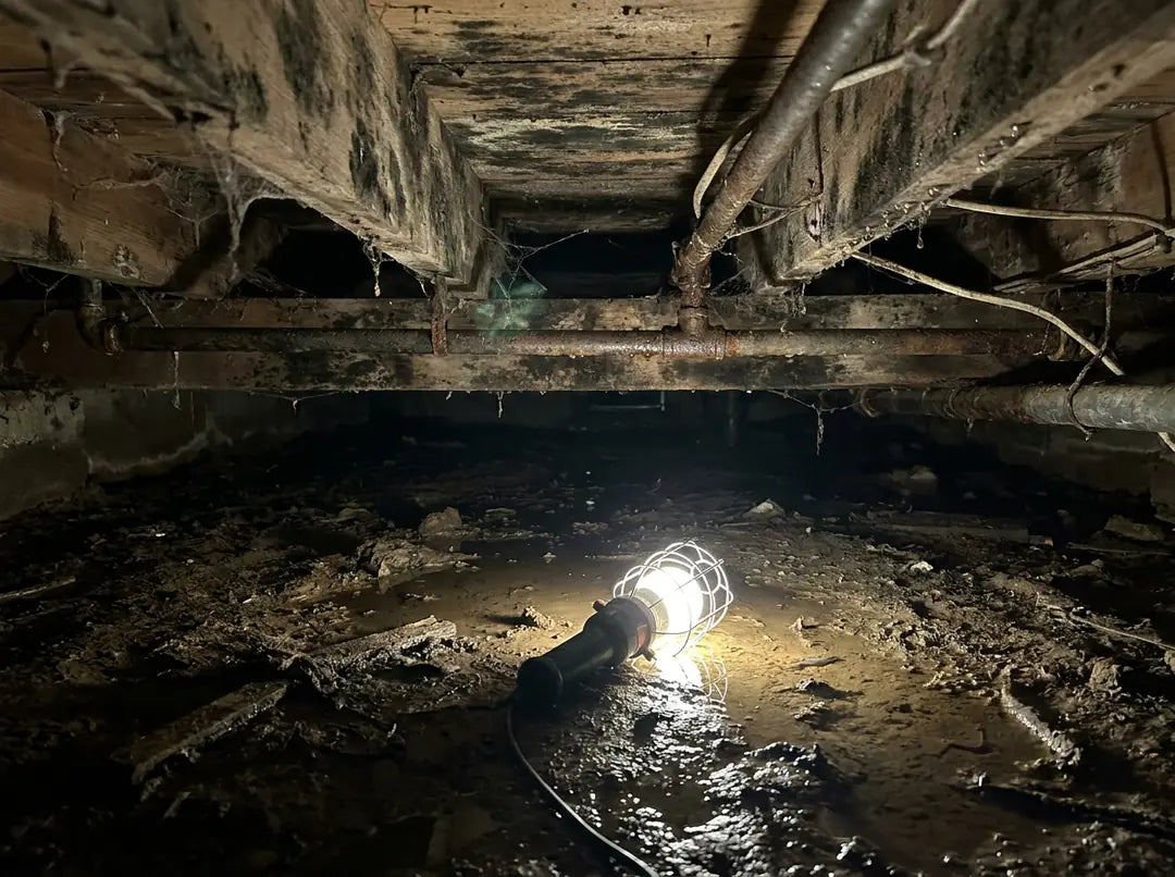Dark wet crawl space with mud and mold before encapsulation