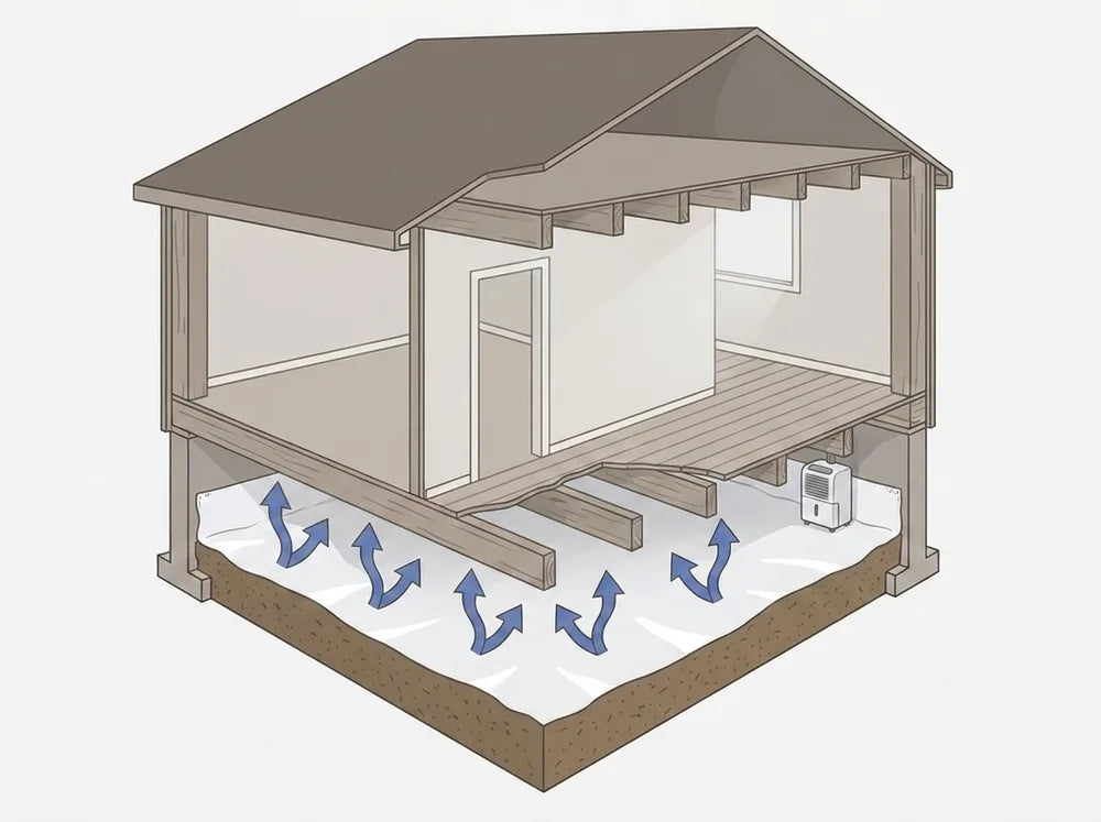 Cross-section of a home with Viper CS vapor barrier installed, moisture blocked at the liner