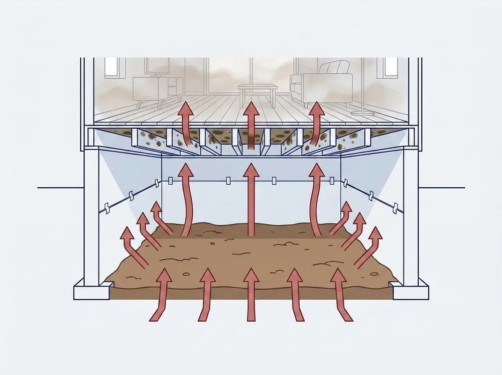 Cross-section of a home without a vapor barrier showing ground moisture rising into the structure