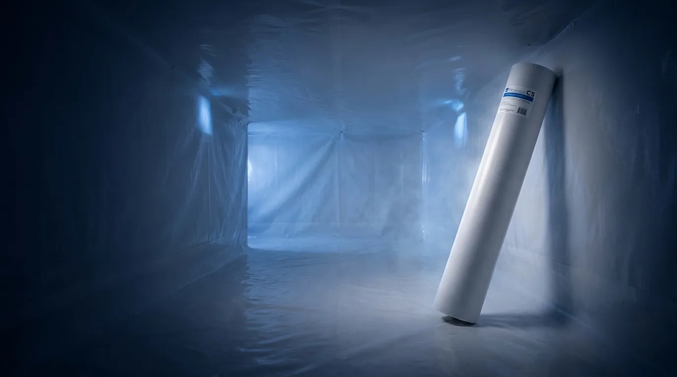 Viper CS vapor barrier roll standing in a blue-lit encapsulated crawl space