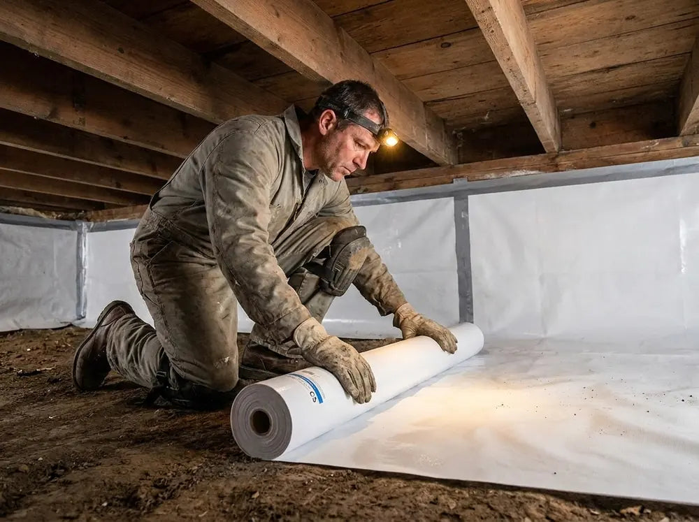 Encapsulation contractor unrolling Viper CS 16 mil vapor barrier in a crawl space